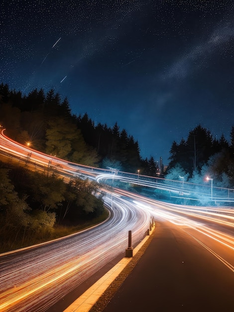 Ilustracja hipnotyzującej sceny nocnej na ruchliwej autostradzie uchwycona za pomocą fotografii z długim czasem naświetlania utworzonej za pomocą technologii Generative AI