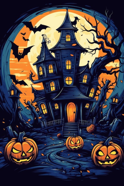 ilustracja horror Halloween plakat straszny dom i dynia