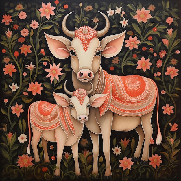 ilustracja indyjskiej tradycyjnej krowy i cielaka Malarstwo z elegancją