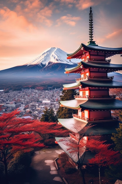 Ilustracja japońska świątynia lub pagoda Chureito i góry Fuji w tle Generative ai
