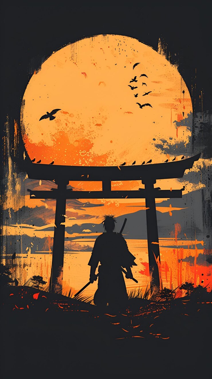 Ilustracja japońskiego samuraja z mieczem Torii Gate Sunset i Flying Birds HighDef