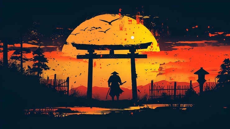 Ilustracja japońskiego samuraja z mieczem Torii Gate Sunset i Flying Birds HighDef