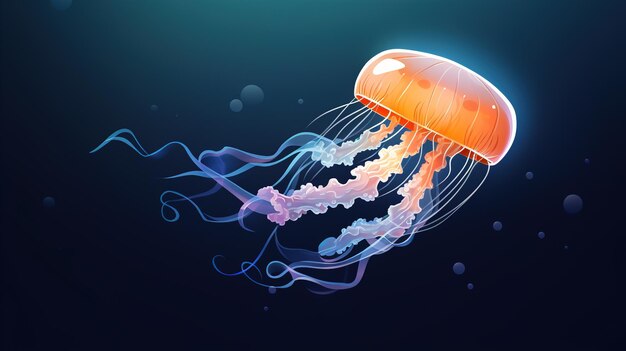 Ilustracja jaskrawo pomarańczowej meduzy głęboko pod wodą w oceanie Zdjęcie wysokiej jakości