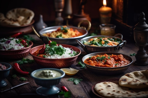 Ilustracja jedzenia autentycznej kuchni indyjskiej wygenerowana przez sztuczną inteligencję