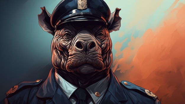 ilustracja karikaturowego nosorożca w mundurze policyjnym na jednobarwnym tle