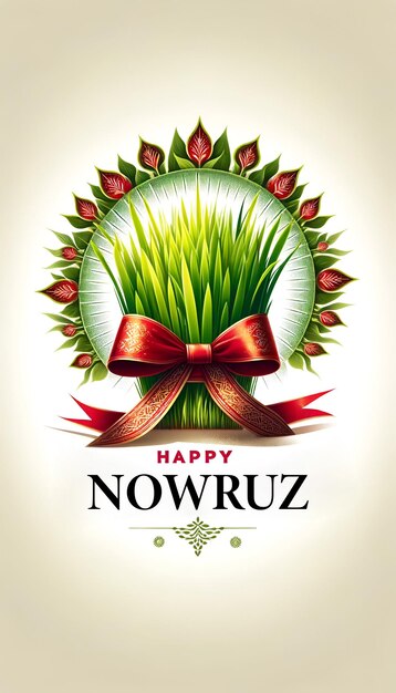 Ilustracja kartki Happy nowruz z trawą pszeniczną i dekoracją