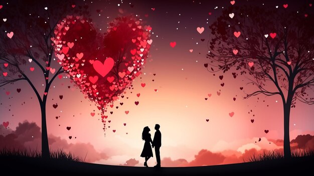 Ilustracja kartki z okazji Walentynek z sylwetkami młodej kochającej się pary