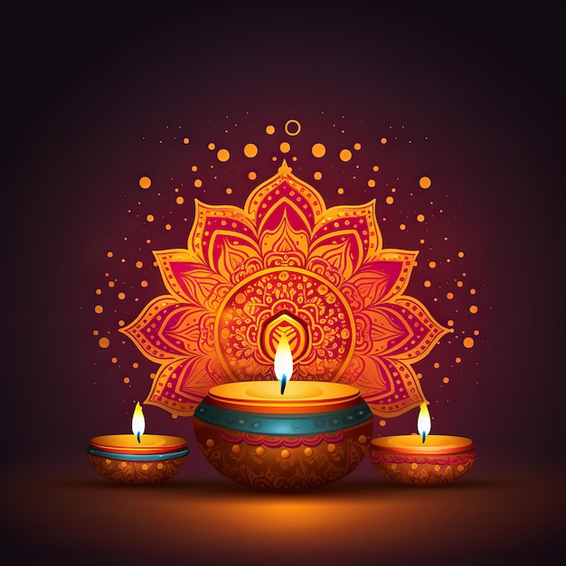 ilustracja karty z pozdrowieniami Happy Diwali z płonącą lampą naftową Fes
