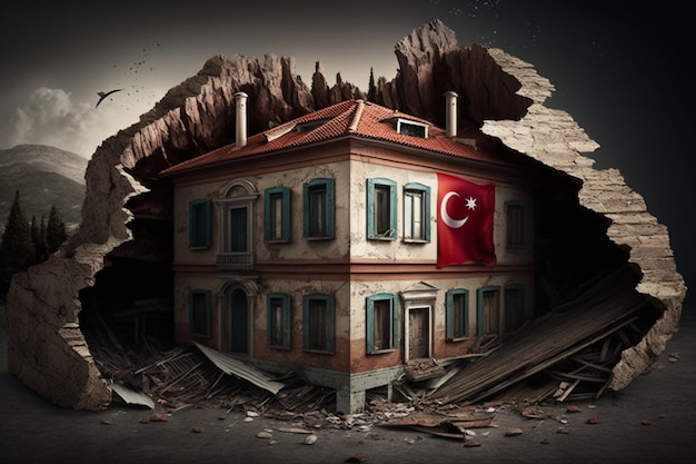 Ilustracja katastrofy trzęsienia ziemi w Turcji z flagą Symbolizuje niedawne trzęsienie ziemi i nieszczęście, które nawiedziło ten kraj Generatywne Ai
