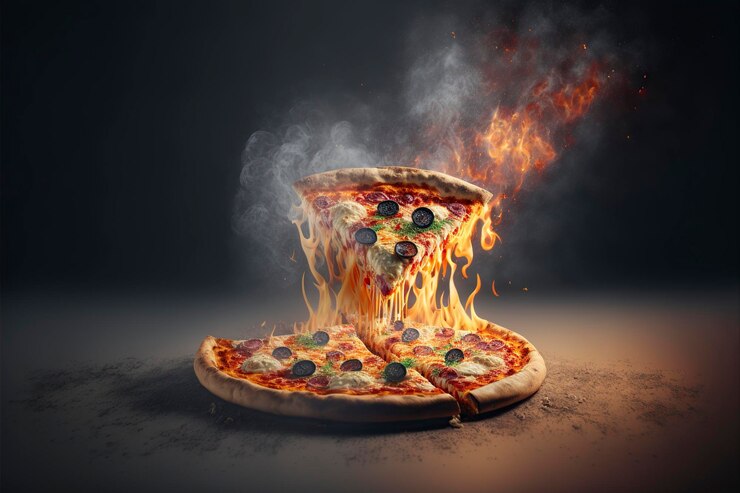 Zdjęcie ilustracja kawałka pizzy między płomieniami obraz wygenerowany przez ai