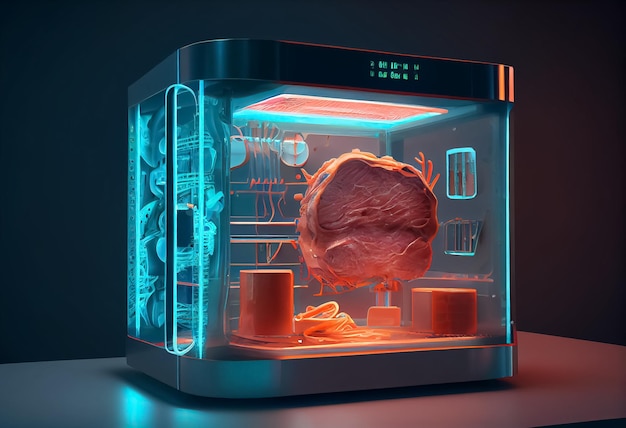 Ilustracja kawałków surowego mięsa uprawianego w laboratorium w inkubatorze