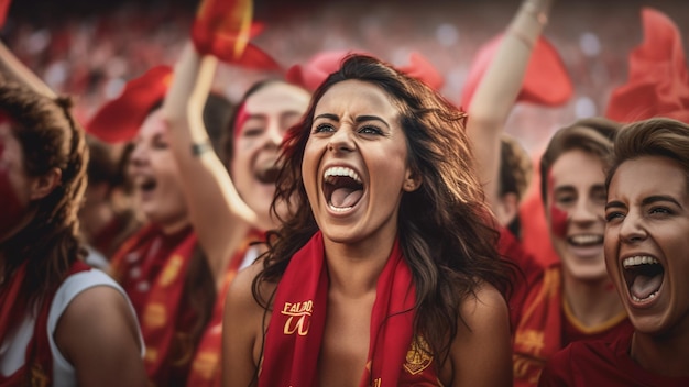 Ilustracja kibiców świętujących zwycięstwo hiszpańskiej kobiecej reprezentacji piłkarskiej na Mistrzostwach Świata