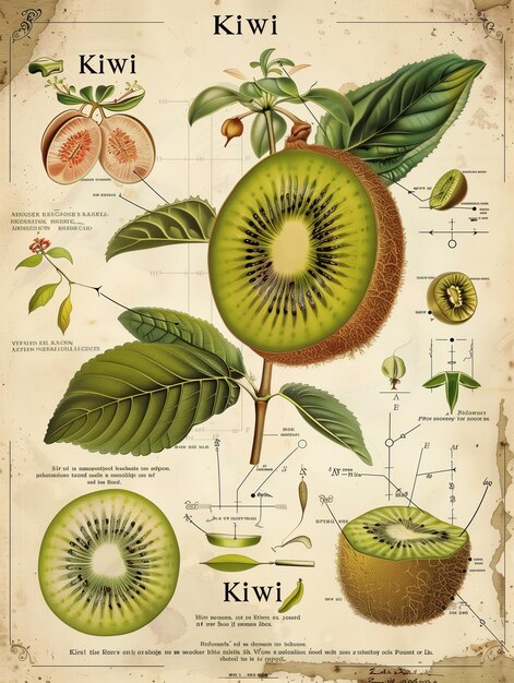 Ilustracja kiwi w stylu starej książki naukowej z infografiką