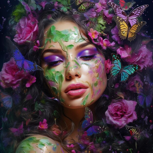 ilustracja kobiecego makijażu z kwiatem i motylem