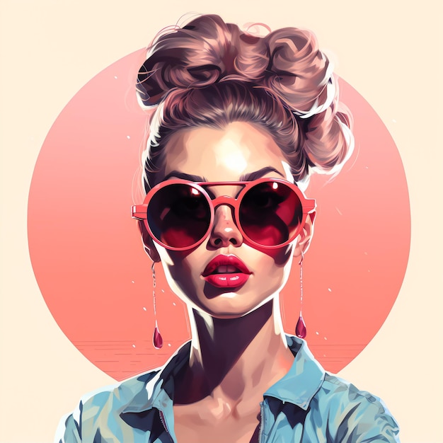 ilustracja kobieta z fryzurą kok w okularach przeciwsłonecznych
