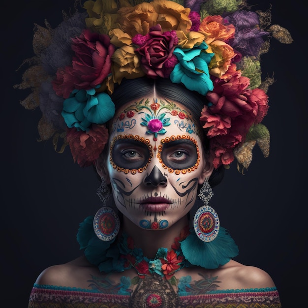 ilustracja kobiety nosi makijaż i ubiera się w czaszkę Day of the Dead lub Da de los Muertos