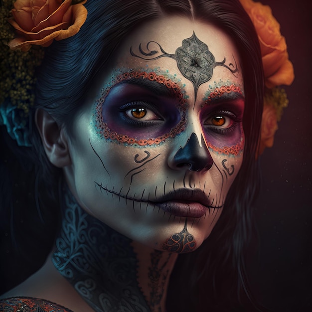 ilustracja kobiety nosi makijaż i ubiera się w czaszkę Day of the Dead lub Da de los Muertos