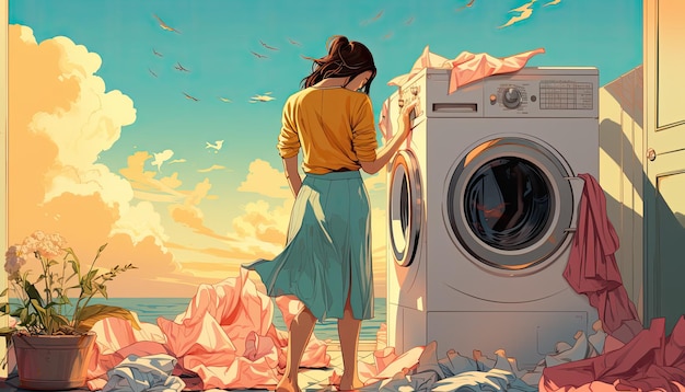 Ilustracja kobiety rozładunku prania