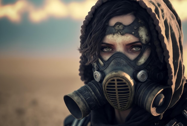 ilustracja kobiety z maską przeciwgazową w apokaliptycznym świecie wygenerowanym przez AI