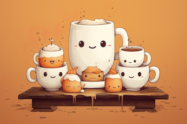 ilustracja kolekcji ślicznych filiżanek kawy kawai generatywnej ai