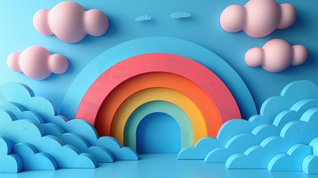 ilustracja kolorowa tęcza z niebieskim niebem i chmurami na tle