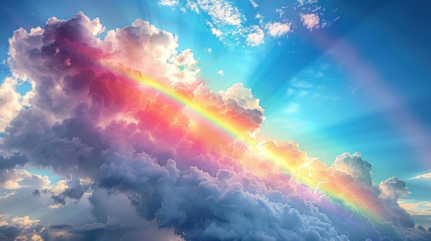 Zdjęcie ilustracja kolorowa tęcza z niebieskim niebem i chmurami na tle