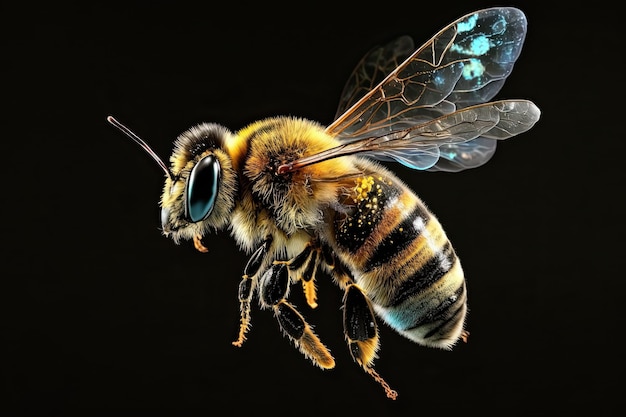 Ilustracja kolorowych, dużych żywych realistycznych brązowych pszczół w widoku z boku w locie na czarnym tle Generatywna sztuczna inteligencja