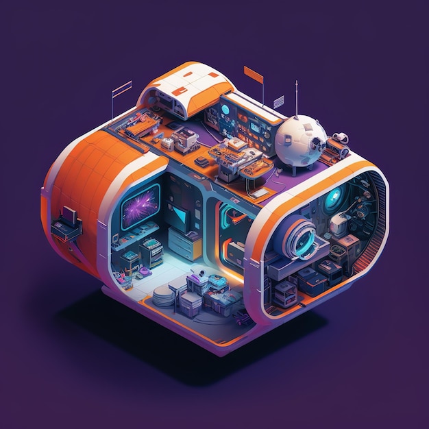 Ilustracja komputera z fioletowym tłem i cyfrowym wyświetlaczem statku kosmicznego.
