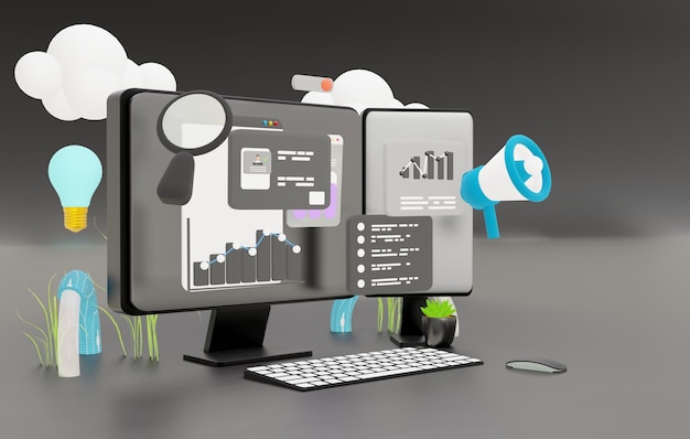 Ilustracja komputerowa 3D Analiza danych Strona internetowa SEO Aplikacja na białym ekranie