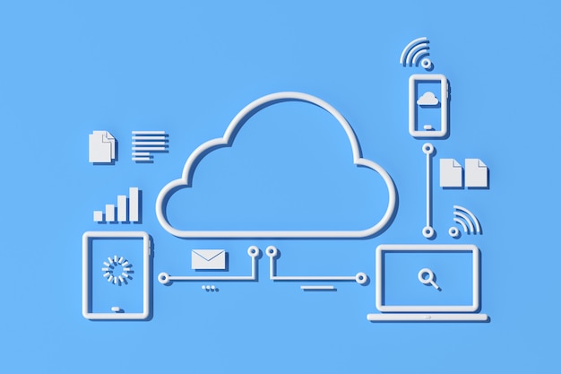 Ilustracja koncepcji cloud computing, styl konturu. renderowania 3D.