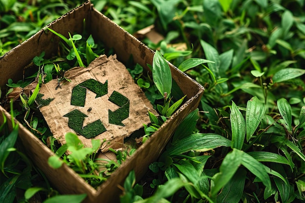 Zdjęcie ilustracja koncepcji ekologicznej zielonej energii z kartonem wyciętym na trawie