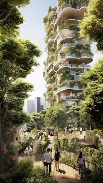 Ilustracja koncepcji futurystycznego miasta z terenami zielonymi