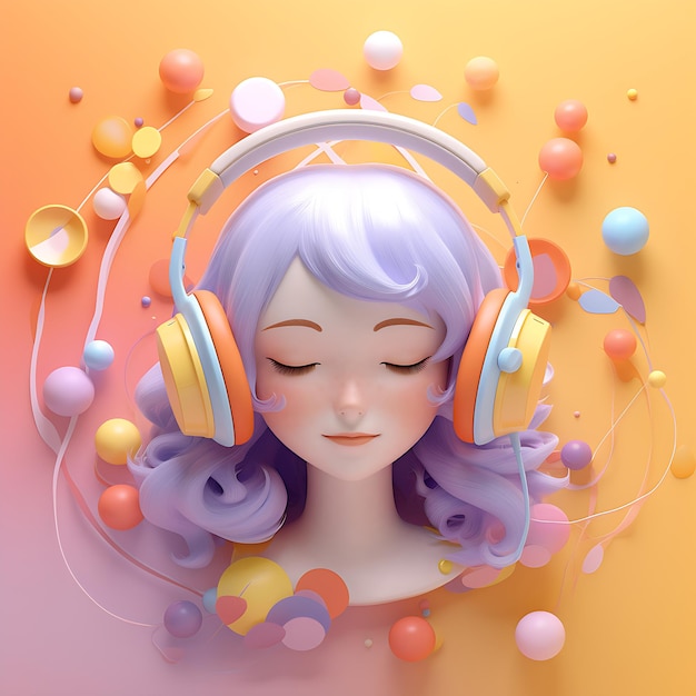 ilustracja koncepcji muzycznej słuchawek z muzyką w stylu jasnoróżowego i jasnopomarańczowego AI