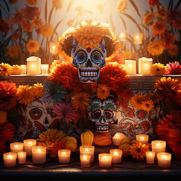 ilustracja koncepcji ołtarza Dia de muertos Kompozycje renderowania 3D