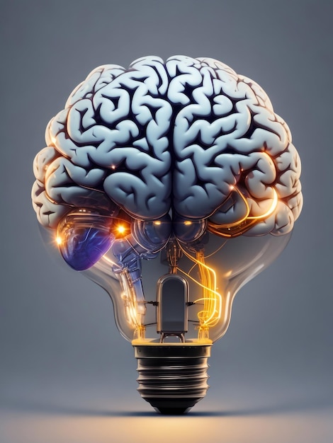 Zdjęcie ilustracja koncepcji reakcyjnej ludzkiego mózgu wewnątrz żarówki elektrycznej izolowanej na białym tle
