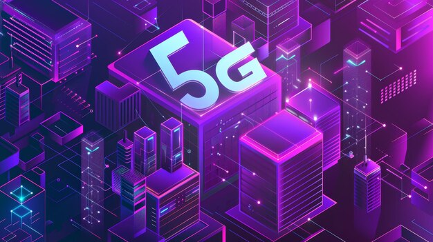 Zdjęcie ilustracja koncepcji technologii sieci 5g wyświetlana jako izometryczna nowoczesna ilustracja z inteligentnymi budynkami miasta z symbolem 5g i telefonem komórkowym izolowanym na tle ultrafioletowym