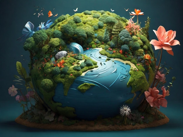 Ilustracja koncepcji Ziemi Globus pełen życia Generatywna sztuczna inteligencja ożywia bujne lasy b