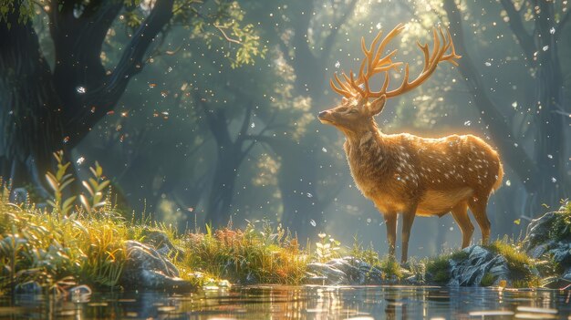 Ilustracja koncepcyjna cyfrowej sztuki CG i realistyczny projekt sceny w stylu kreskówki jelenia w lesie w fantastycznym, realistycznym i futurystycznym stylu