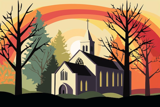 ilustracja kościoła w lesie o zachodzie słońca