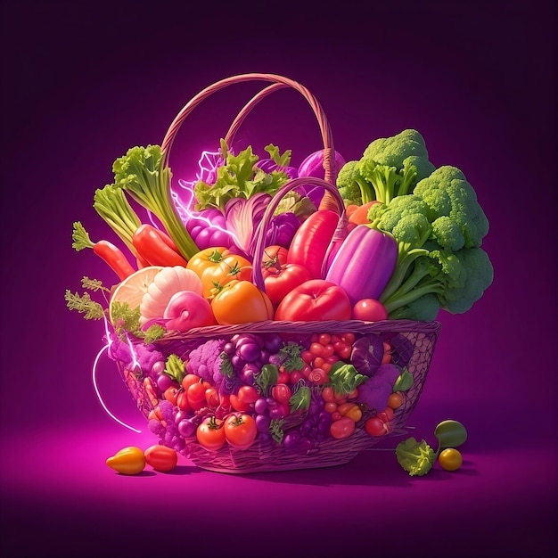 Ilustracja kosza z różnymi rodzajami warzyw na różowym tle