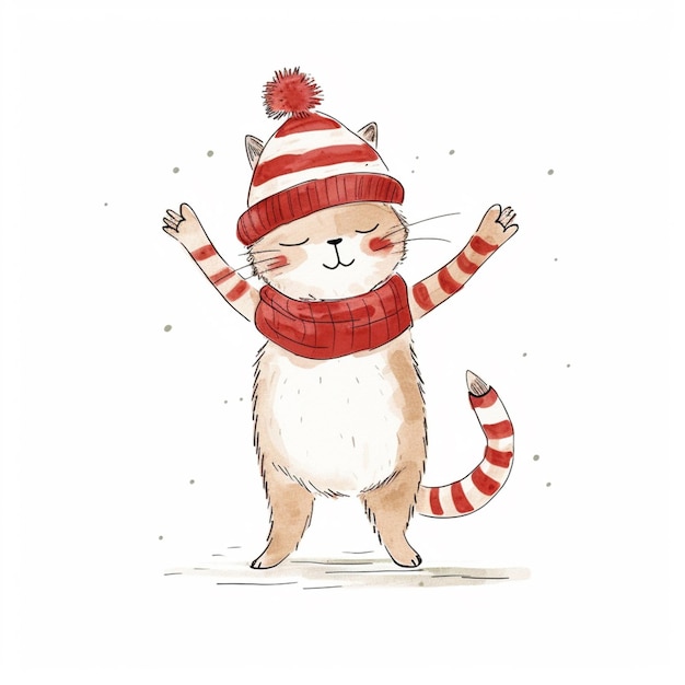 Zdjęcie ilustracja kota noszącego czerwono-biały paskowy kapelusz i szalik generatywny ai