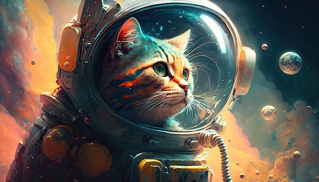 Ilustracja kota w skafandrze wykonana przez generatywną sztuczną inteligencję