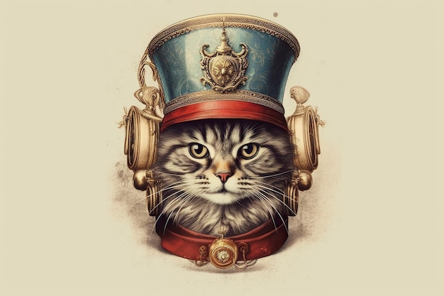 Ilustracja kota z kapeluszem na jasnobrązowym tle generatywny ai