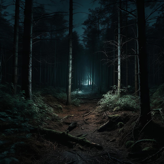 ilustracja krajobrazu ciemnego lasu nocą, ostra ostrość, skomplikowana