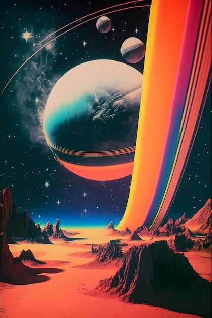 Ilustracja krajobrazu kosmicznego w stylu retro Kosmos Streszczenie szalone i psychodeliczne tło