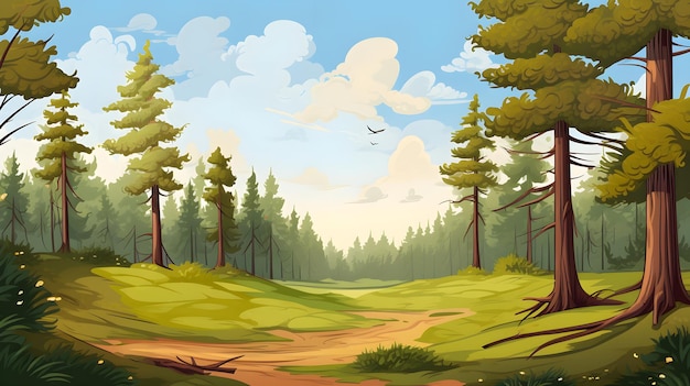 ilustracja krajobrazu leśnego z drzewami i trawą