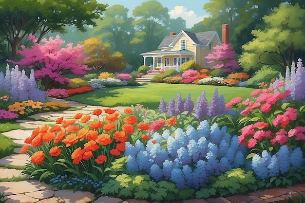 Ilustracja krajobrazu z kwiatami papańczymi