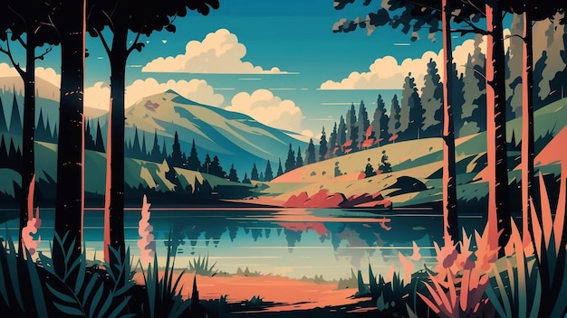 Ilustracja krajobrazu z lasem jeziorowym i górami