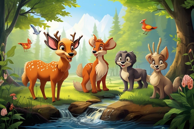 Zdjęcie ilustracja kreskówek ze zwierzętami w lesie