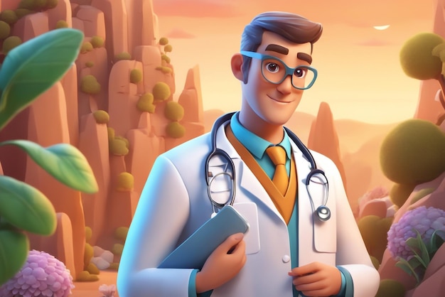 Ilustracja kreskówka 3D przedstawiająca lekarza ze szpitalnym tłem i stetoskopem
